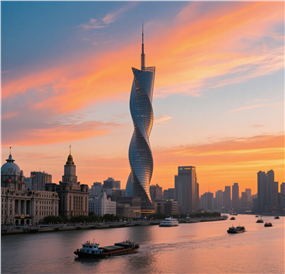 日暮黄昏特色现代螺旋建筑摄影图片